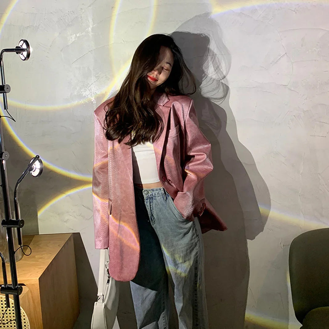 Korean Pink Croc-print Faux Pu Leather Women Casual Suit Jackets Loose Long Sleeve Autumn Female Blazers Jacket Coat Streetwear