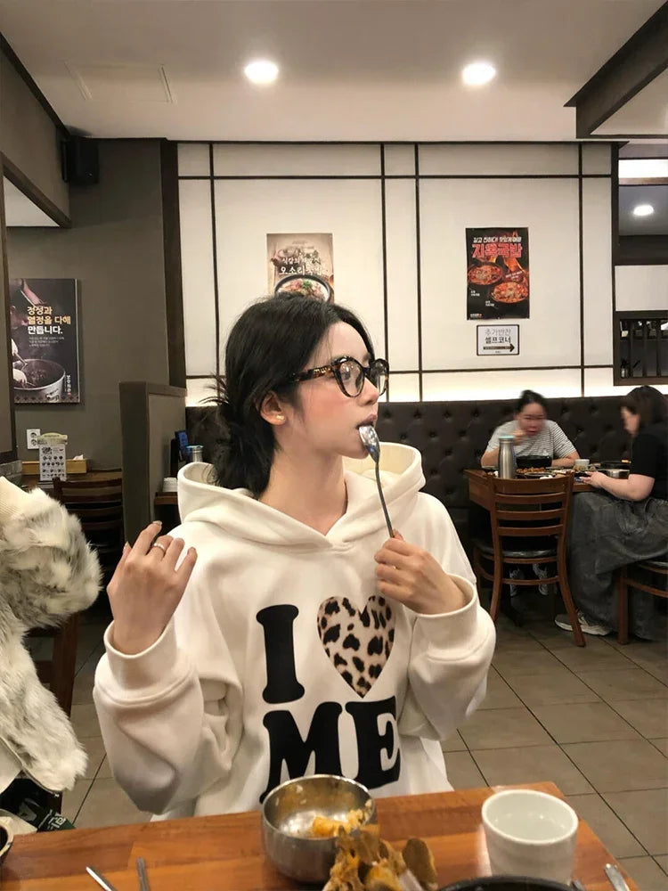 Korean Series Chic Leopard Print Letters Hood White Hoodie Women Autumn and Winter Fleece-lined Thickened Loose Pullover