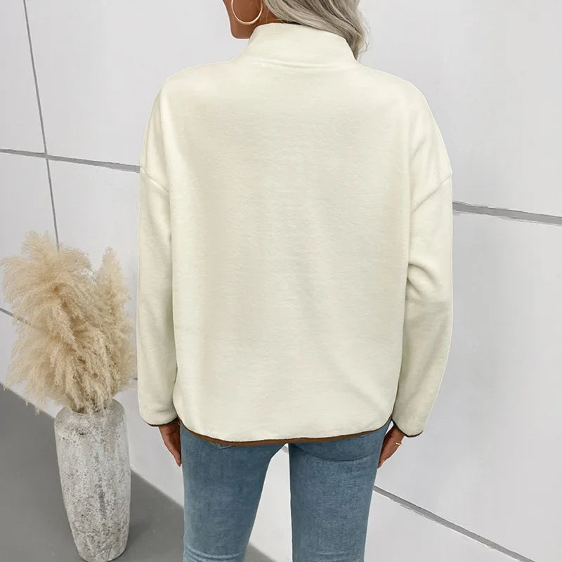 New Casual Jacket for Women's Fleece Short Fleece Stand Collar Casual Single Breasted Buckle Color Collision Jacket