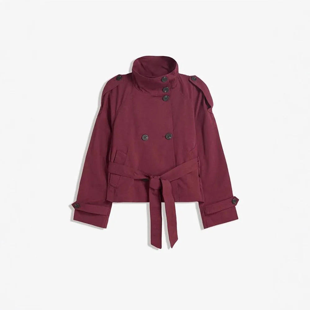 2025 New Autumn Women's Chic Stand Collar Double-breasted Belted Waist Cropped Trench Coat Shoulder Casual Street Outerwear